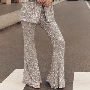 Express High Waisted Flare Leg Sequin Pants Silver (S)